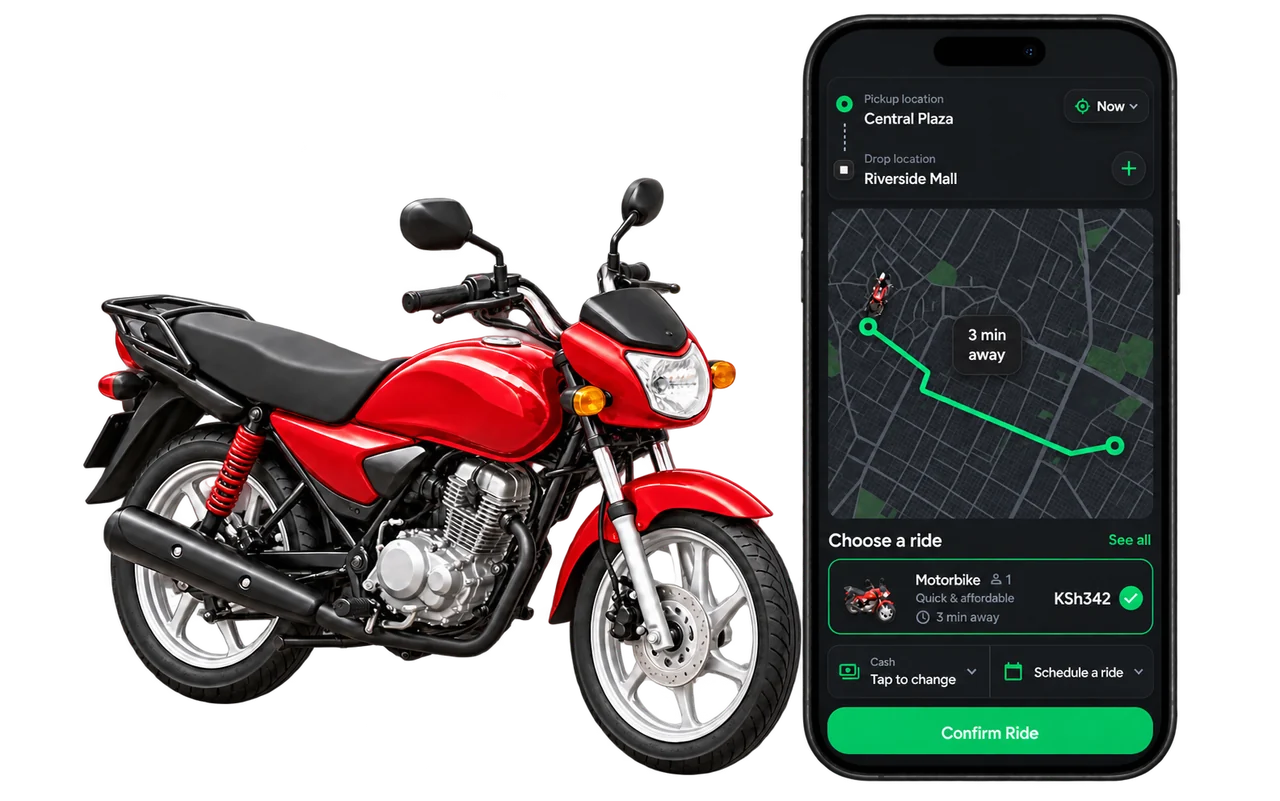 Jenga Ride app booking interface with motorbike