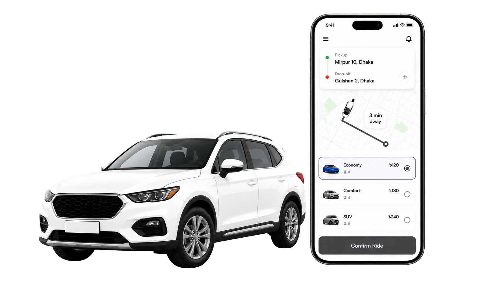 Jenga Ride app booking interface with car