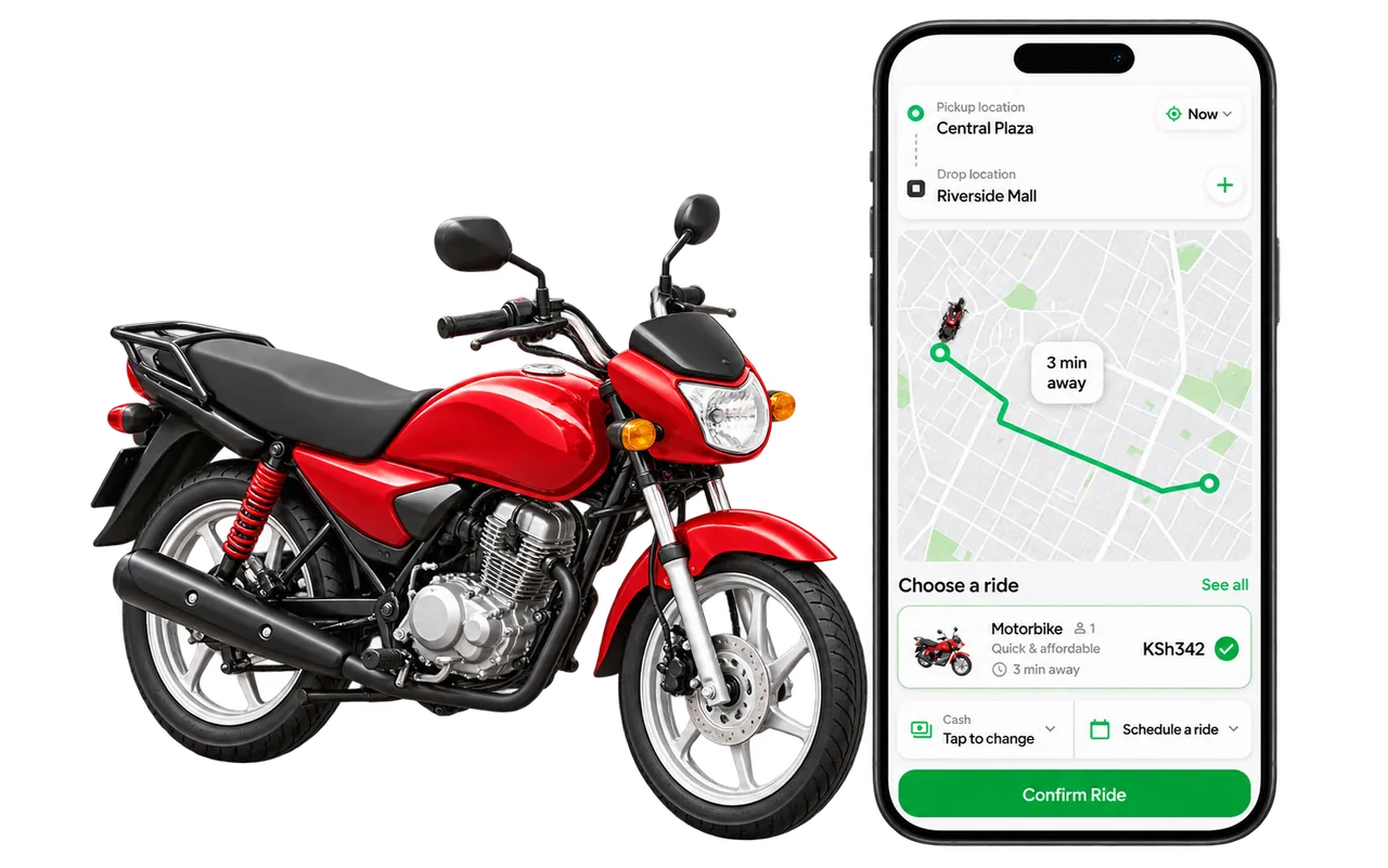 Jenga Ride app booking interface with motorbike